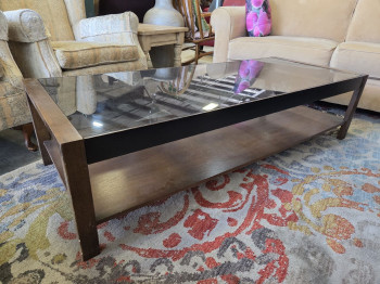 Mid-Century modern / vintage-style glass-top coffee table with a lower wooden shelf
